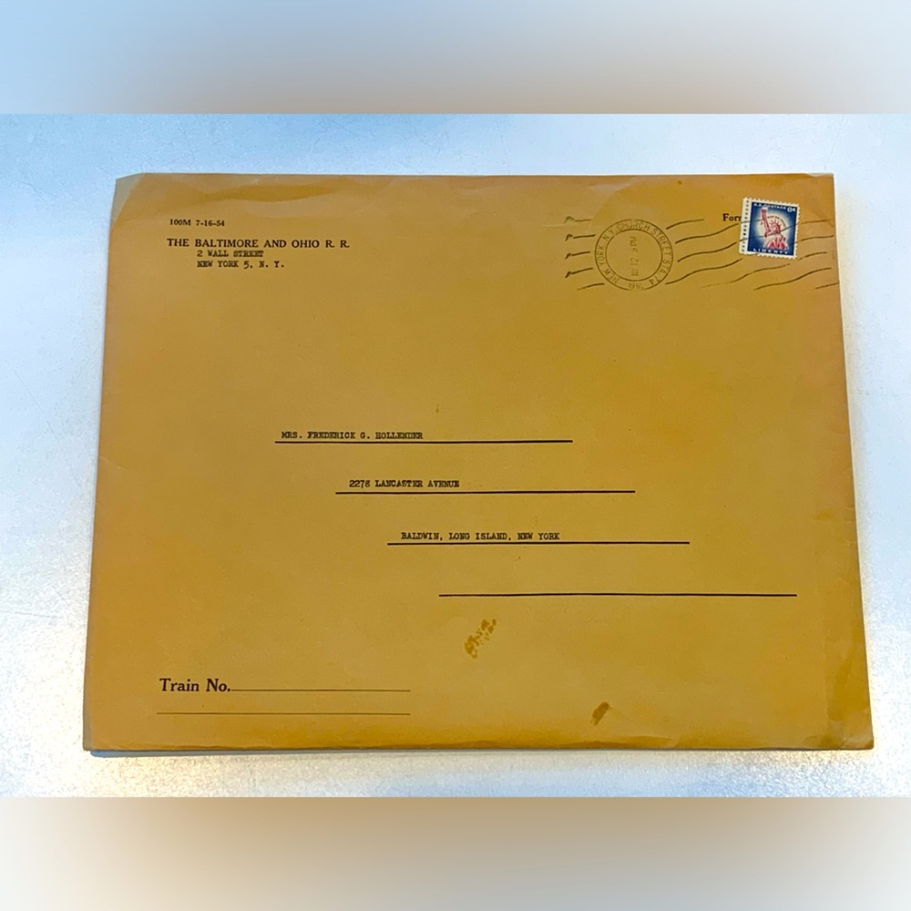 Baltimore And Ohio Railroad Legal Sized Envelope 1960 NY ADD: F.G. Hollender